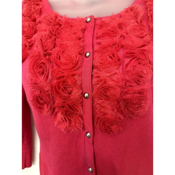 WHBM Sz XS Hot Pink Roses Rosettes Cardigan Sweater w/ Silver, Coquette Romantic - Picture 5 of 8